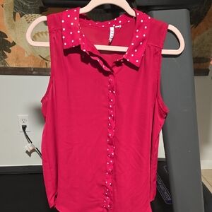 Red Sleeveless Polka Dot Collar Top
